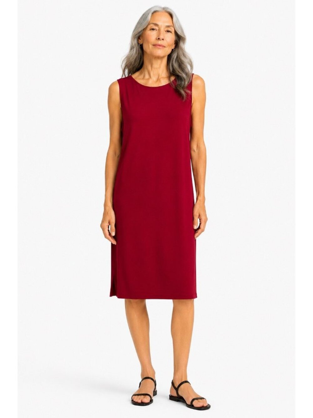 EILEEN FISHER sleeveless red dress MEDIUM knee length lagenlook minimalist knit